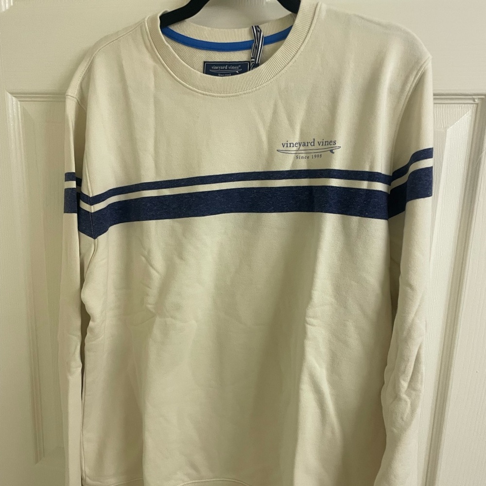 Vineyard Vines Men's Cream Sweatshirt with Blue Stripes